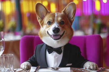 Charming dog in tuxedo enjoying elegant dinner setting