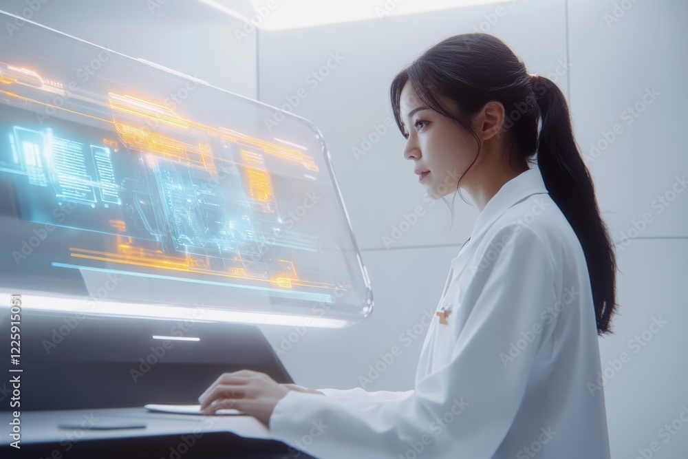 Poster a female scientist in a white lab coat analyzes data on a futuristic holographic computer interface.