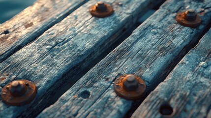 Obraz premium Close-up of a weathered wooden pier with metal bolts, reflecting sunlight.