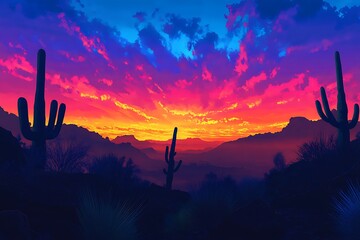 The vibrant colors of a desert sunset, with cacti silhouetted against the sky.