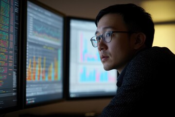 Focused programmer analyzing data on multiple screens, code and graphs visible.