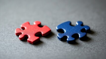 Fototapeta premium Two contrasting puzzle pieces, one red and blue, on dark background