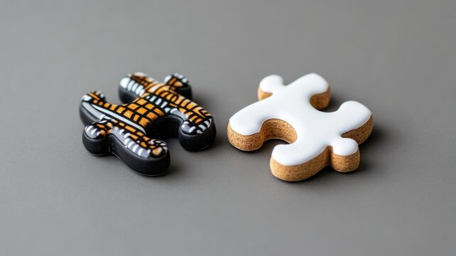 Two puzzle pieces contrast by design and color with gray background