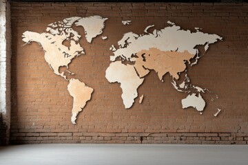 world map is drawn on a brick wall. A large map for exploring countries and cities, home decor. geography, geography, tourist destinations