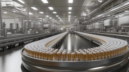 Conveyor line transporting pharmaceutical vials in a modern manufacturing facility during a busy production cycle