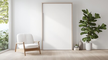 Modern living room with armchair, large canvas, and fiddle-leaf fig. Ideal for interior design websites