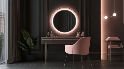 Fototapeta premium Elegant makeup vanity with a round illuminated mirror, pink chair, and minimal decor, creating a luxurious and modern interior design aesthetic.