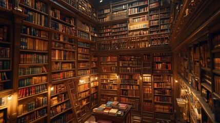 Towering walls of bookshelves create a literary sanctuary in a cozy, dimly lit library filled with antiquities and stories