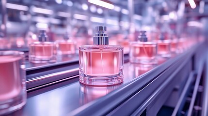 Luxurious conveyor belt showcasing elegant cosmetic bottles in an upscale manufacturing facility under bright lighting
