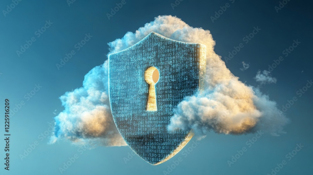 Poster secure privacy data in internet. symbol of shield protections of icon man, which consists digit code