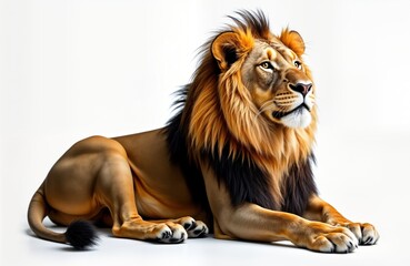 Obraz premium Powerful lion rests on white background. Majestic big cat with golden brown fur, black mane. Animal looks alert, watchful. Studio shot. Isolated image shows strength, beauty. Transparent background.
