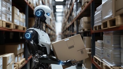 Fototapeta premium Sleek humanoid robot expertly navigating a modern warehouse while carrying a package during daylight hours