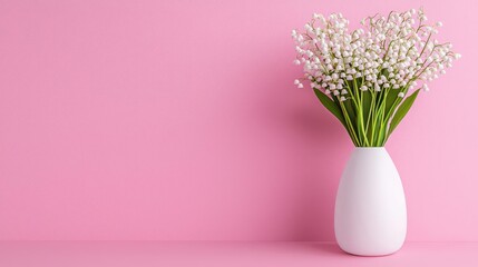 Naklejka premium Lily of the valley bouquet in white vase, pink background, spring floral arrangement, greeting card design