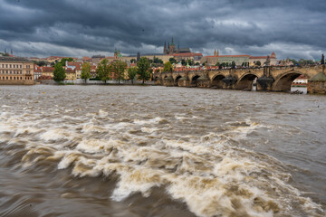 Flood in Prague. View of Prague Castle across the flooding river Vltava, Prague