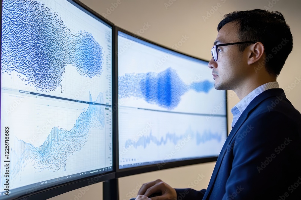 Poster a businessman analyzes complex data visualizations displayed on multiple large monitors, revealing i