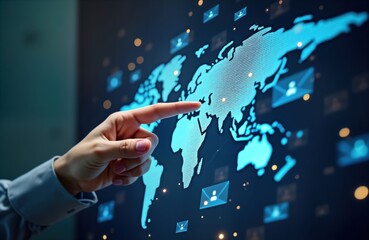 Hand points at global digital map showing email, SMS marketing strategy for direct business sales, newsletters. Worldwide customer outreach visualized. Global marketing concept. International