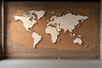 world map is drawn on a brick wall. A large map for exploring countries and cities, home decor. geography, geography, tourist destinations