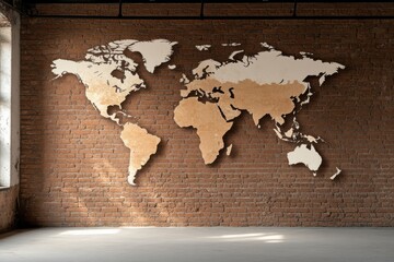 world map is drawn on a brick wall. A large map for exploring countries and cities, home decor. geography, geography, tourist destinations
