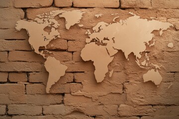 world map is drawn on a brick wall. A large map for exploring countries and cities, home decor. geography, geography, tourist destinations