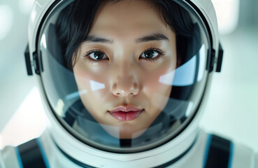 Attractive Asian woman astronaut wearing white spacesuit. Close-up portrait. Serious expression. Looking directly at viewer. Woman in futuristic spacesuit on space station. Zero gravity. Future tech.