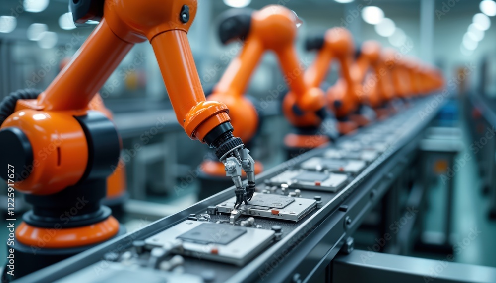 Fototapete orange robotic arms assemble parts on automated production line. precise, efficient assembly process