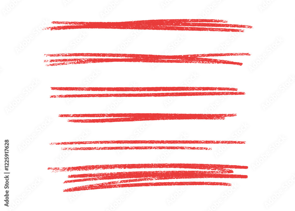 Poster crayon underline collection of red textured horizontal brushstrokes - rough, uneven lines with varyi