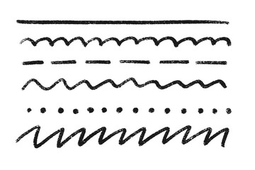 Crayon underline set of black textured strokes with rough brush effect - wavy lines, dashes, dots, zigzag grunge patterns. Hand drawn decorative elements for text emphasis, digital content marking.