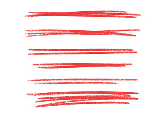 Crayon underline collection of red textured horizontal brushstrokes - rough, uneven lines with varying length and thickness. Grunge decorative elements with chalk effect for highlighting, marking text