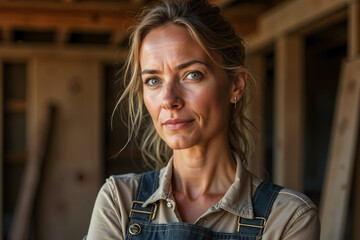 Woman wearing a beige shirt and overalls, standing in a construction area with wooden planks and tools around her, looking directly at the camera with a slight smile.