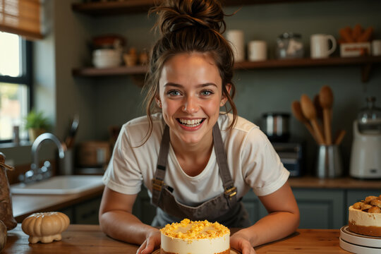 Young woman, possibly a baker or pastry chef, is smiling and holding a cake with yellow frosting on it, standing in front of a kitchen counter with various cooking utensils and ingredients around her.