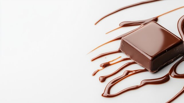 Close-up of chocolate square with drizzle on white surface