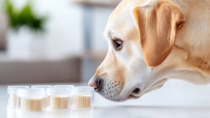Close-up of dog sniffing small plastic containers; concept smell examination and testing