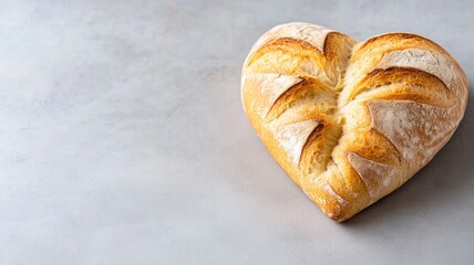 Heart-shaped bread on light gray surface, representing love for baking or Valentine's Day