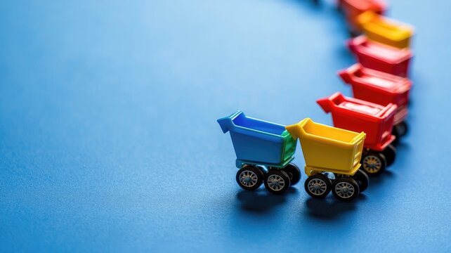 Colorful toy shopping carts lined up on blue surface
