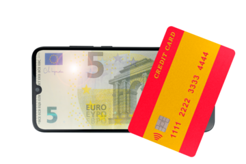 A plastic credit card in the shape of the Spanish flag lies on a smartphone with an image of a 5 euro note on the screen (close-up on a transparent background)