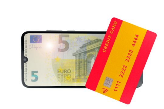 A plastic credit card in the shape of the Spanish flag lies on a smartphone with an image of a 5 euro note on the screen (close-up on a transparent background)