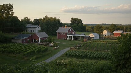Rural Vineyard Landscape With Red Farmhouses At Sunset