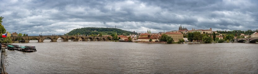 Flood in Prague. View of Prague Castle across the flooding river Vltava, Prague