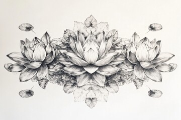 Intricate black and white floral illustration featuring lotus flowers and leaves, ideal for decor