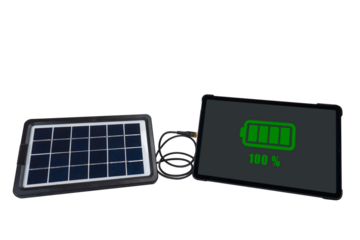 Portable solar panel connected to tablet pc on transparent background (close-up). Tablet pc screen shows full battery icon. Renewable green alternative energy concept