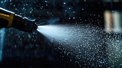 Close-up of a high-pressure spray nozzle cleaning a glass window with water droplets. Vibrant and dynamic cleaning and maintenance concept.