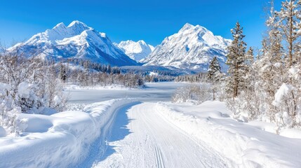 Fototapeta premium Snowy trail winds through winter landscape, majestic mountains backdrop, perfect for winter sports