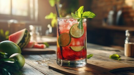 Watermelon lemonade with lime and mint, wood background