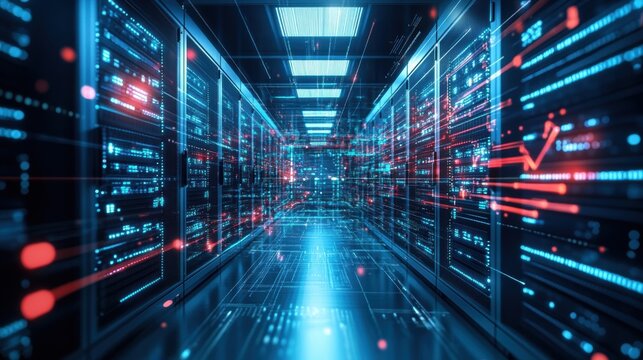 A secure server room adorned with blinking network switches and large screens each displaying critical supply chain metrics and alerts where data is processed and analyzed.