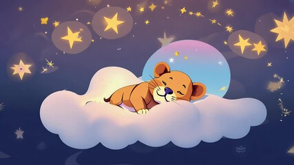 Looping animation for sleepy lion resting on a fluffy cloud under night sky designed