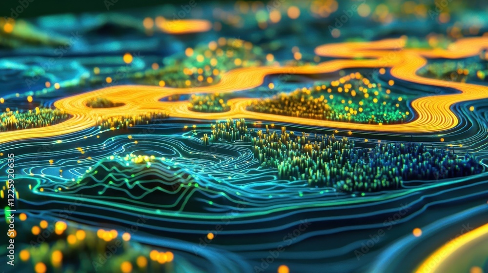 Poster complex topographic data visualization showing glowing lines and particles forming a futuristic land