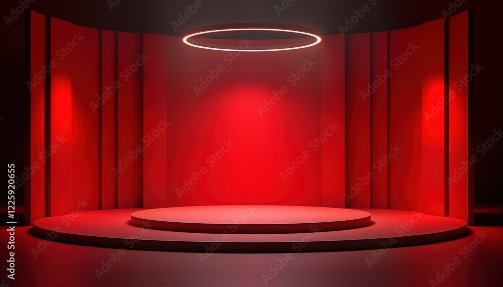 Poster Red minimalist stage with circular platform. Glowing light accents empty platform. Empty stage design suitable for various uses. Ideal for product, presentations. Modern concept for presentations