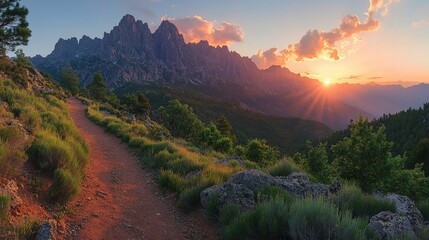 Sunset Mountain Trail Hike Landscape Panorama