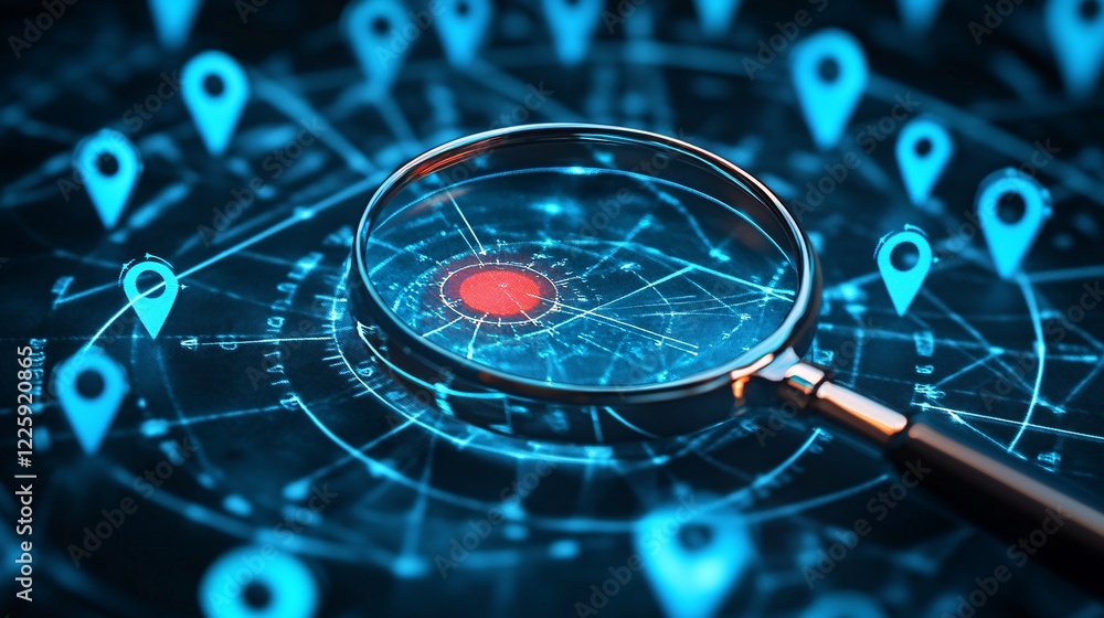 Poster magnifying glass analyzing location pins on digital map