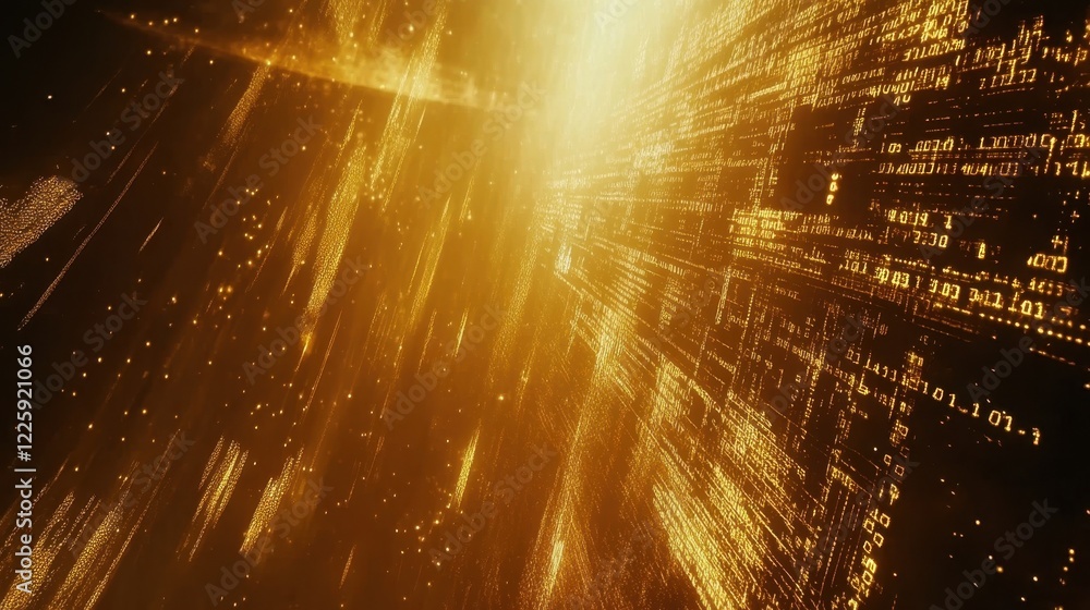 Poster golden particles and binary code are forming a data stream, flowing through cyberspace and represent
